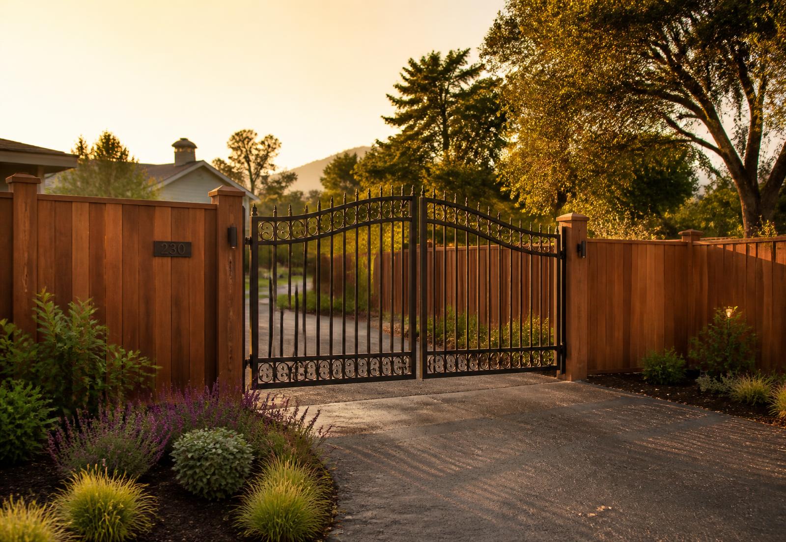 Cedar privacy fence and ornamental iron driveway gate at golden hour